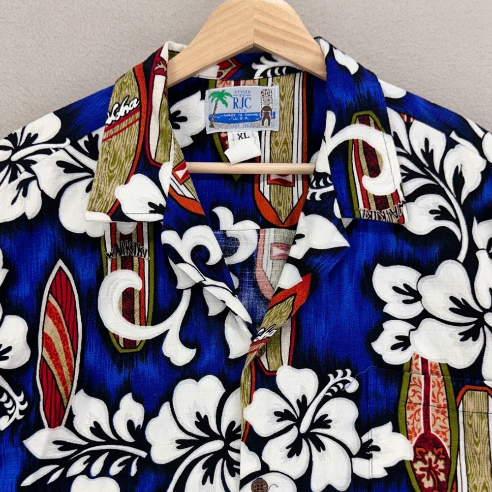 Vintage 70s RJC‎ Camp Shirt Mens XL Blue Floral Tiki Surf Hawaiian Thick Cotton